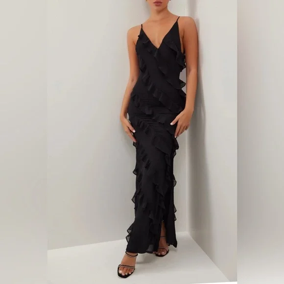 chinese dress ladies Muriel Chiffon Ruffle Dress Black